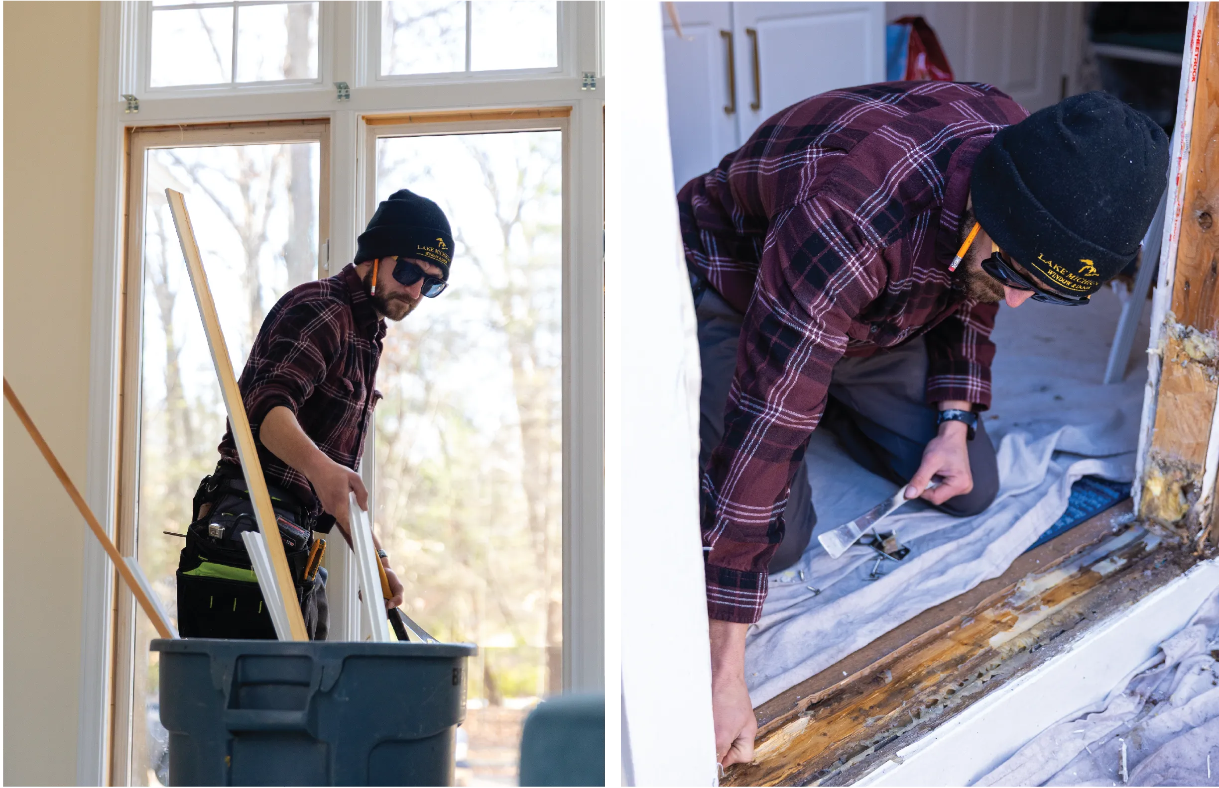 Two separate photos of techs working on door maintenance for Lake Michigan Window and Door.